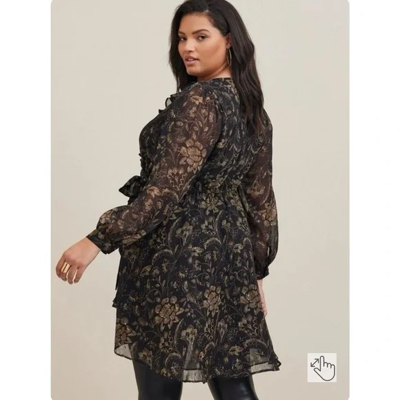 Torrid Chiffon Layered Tie Front Surplice Tunic Blouse - Floral Black - Picture 3 of 7